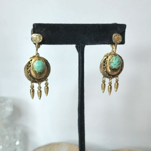 Marino Vintage Gold turquoise dangle screwback earrings - Picture 3 of 6